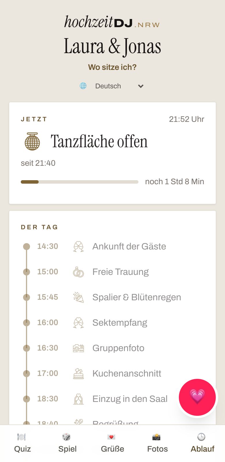 Tagesablauf in der Gäste-App mit aktuellem Programmpunkt, Restzeit und allen Uhrzeiten