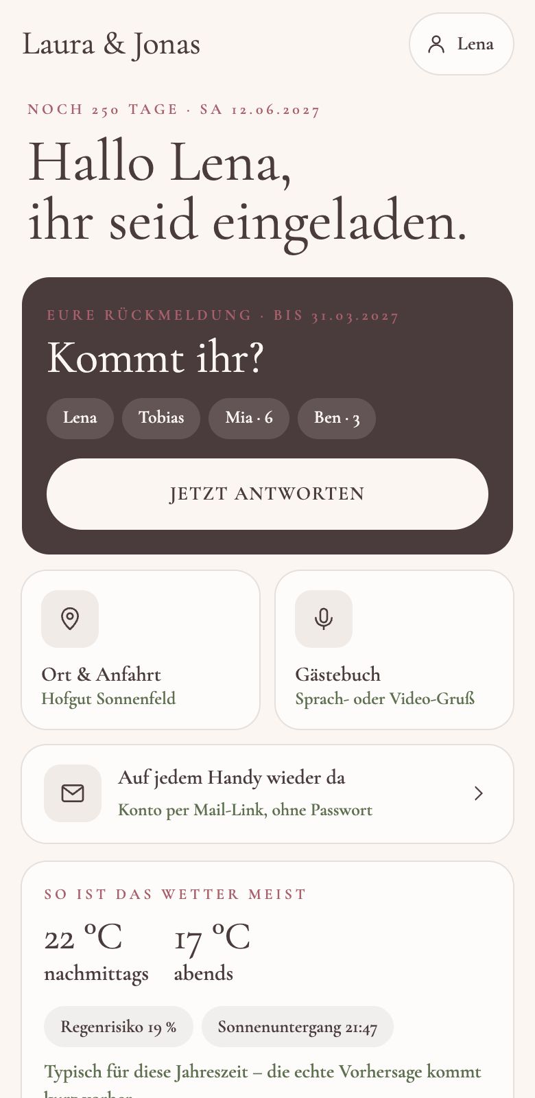 Gäste-Seite vor der Hochzeit mit Countdown, „Kommt ihr?“, Ort & Anfahrt und Wetter