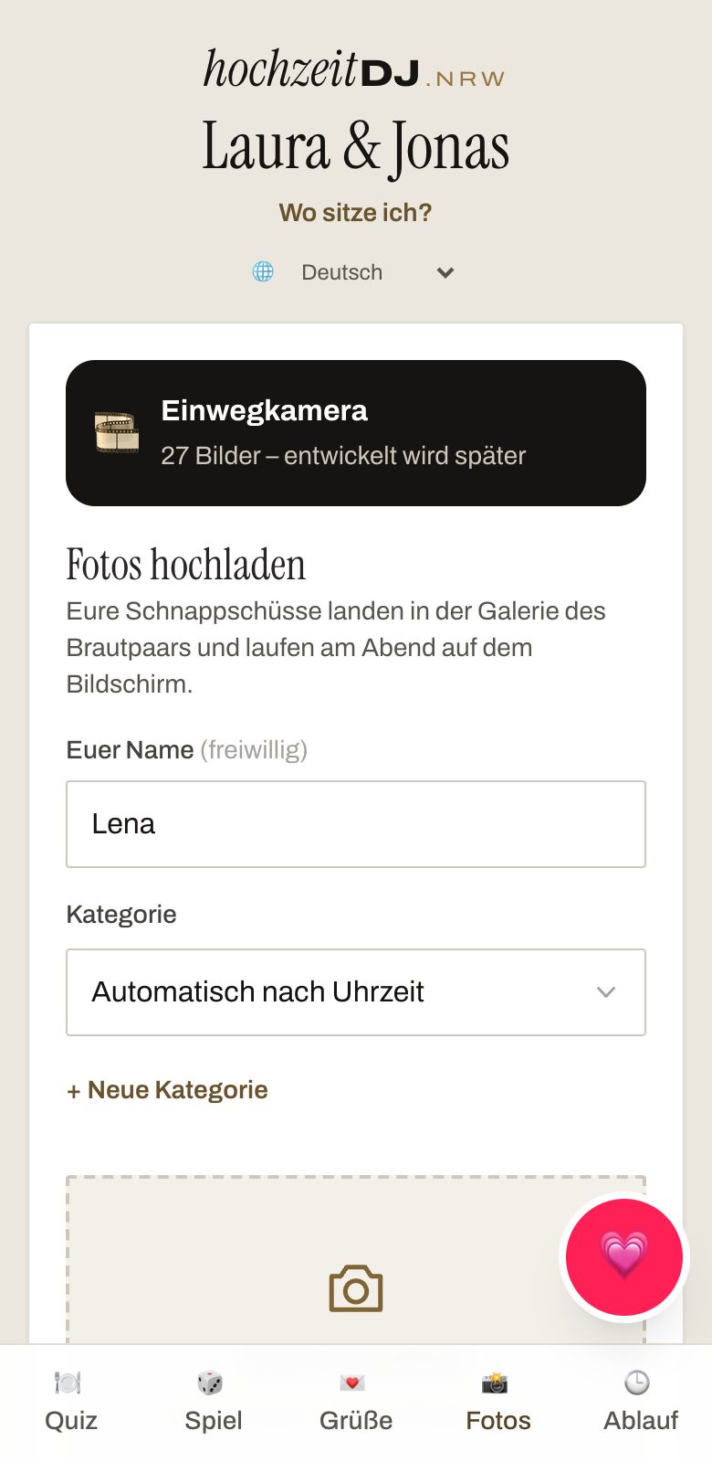 Fotos hochladen in der Gäste-App mit Einwegkamera, Name und Kategorie