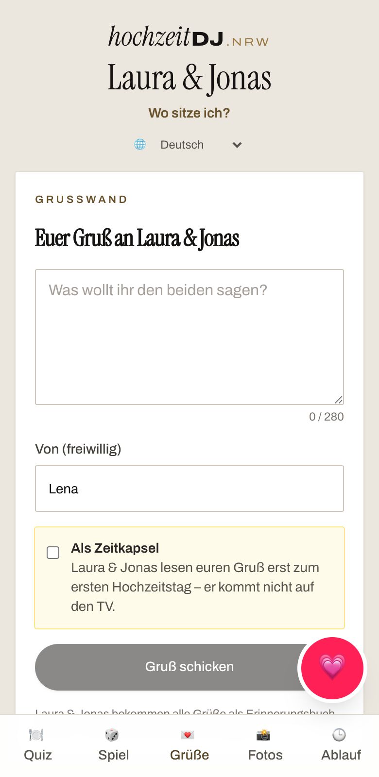 Gruß für die Grußwand in der Gäste-App mit Textfeld und Zeitkapsel
