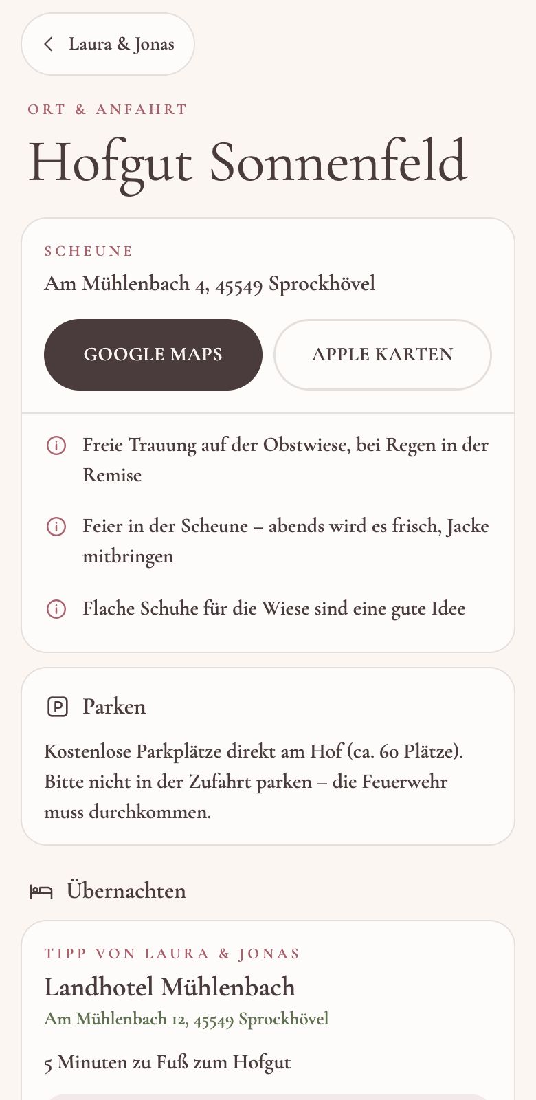 Ort & Anfahrt in der Gäste-App mit Route, Hinweisen, Parken und Hotel-Tipp