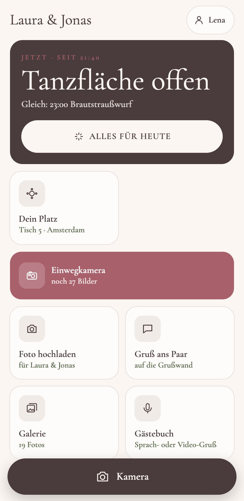 Startseite der Gäste-App am Hochzeitstag