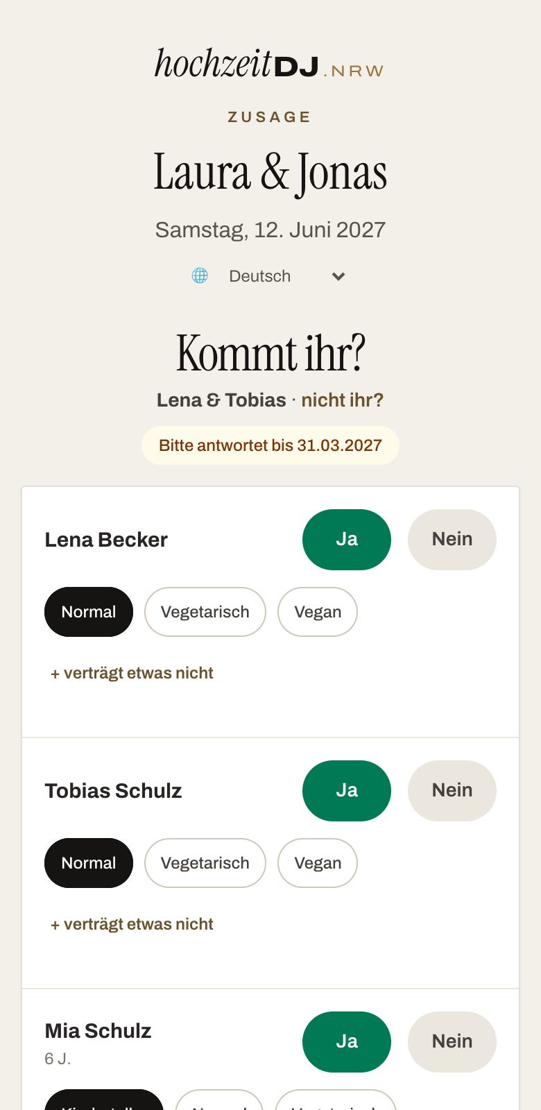 Zusage am Handy mit Ja/Nein und Essenswahl für jede Person im Haushalt