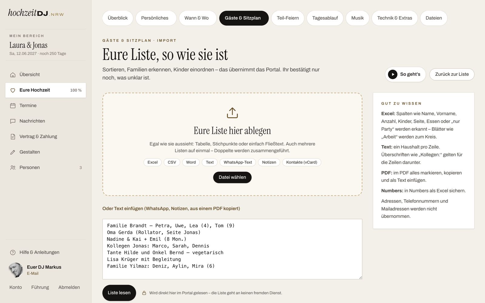 Gästeliste importieren: Datei ablegen oder Text aus WhatsApp einfügen