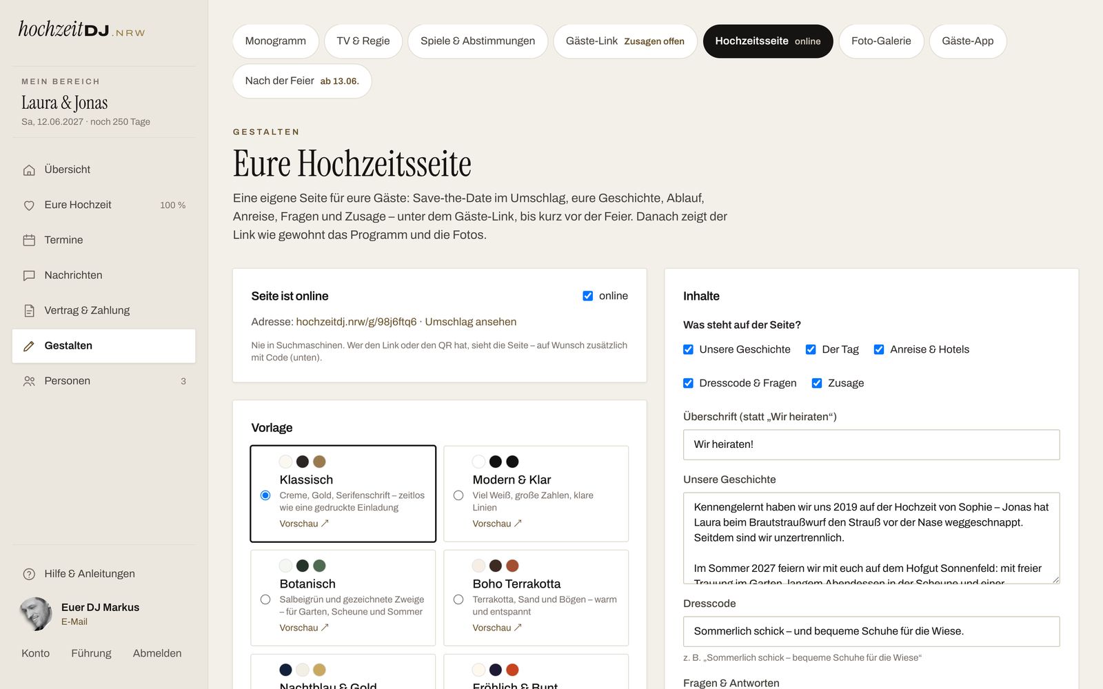 Eigene Hochzeitsseite einrichten: Vorlage wählen und Inhalte eintragen
