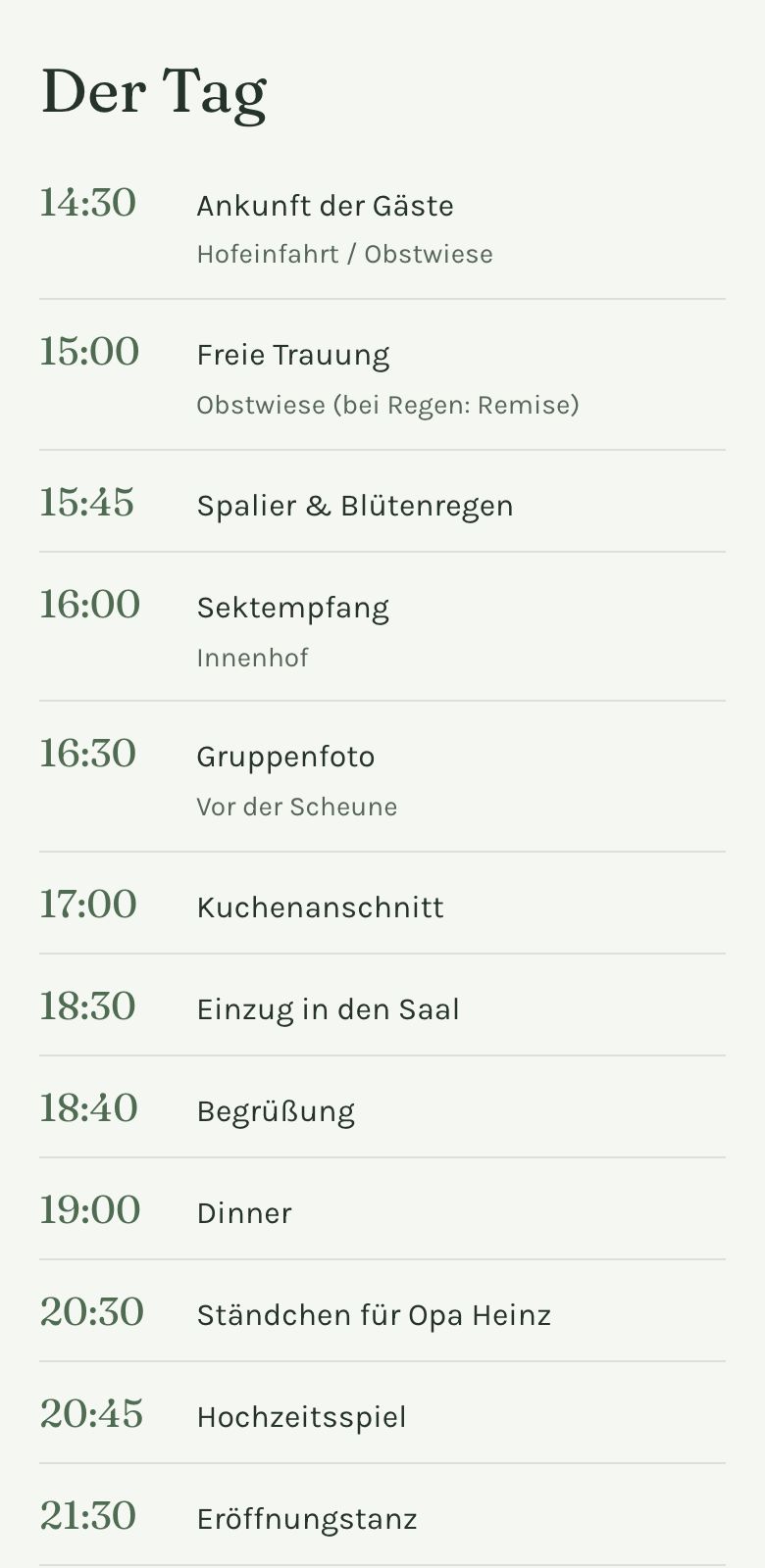 Tagesablauf auf der Hochzeitsseite am Handy, Vorlage Botanisch