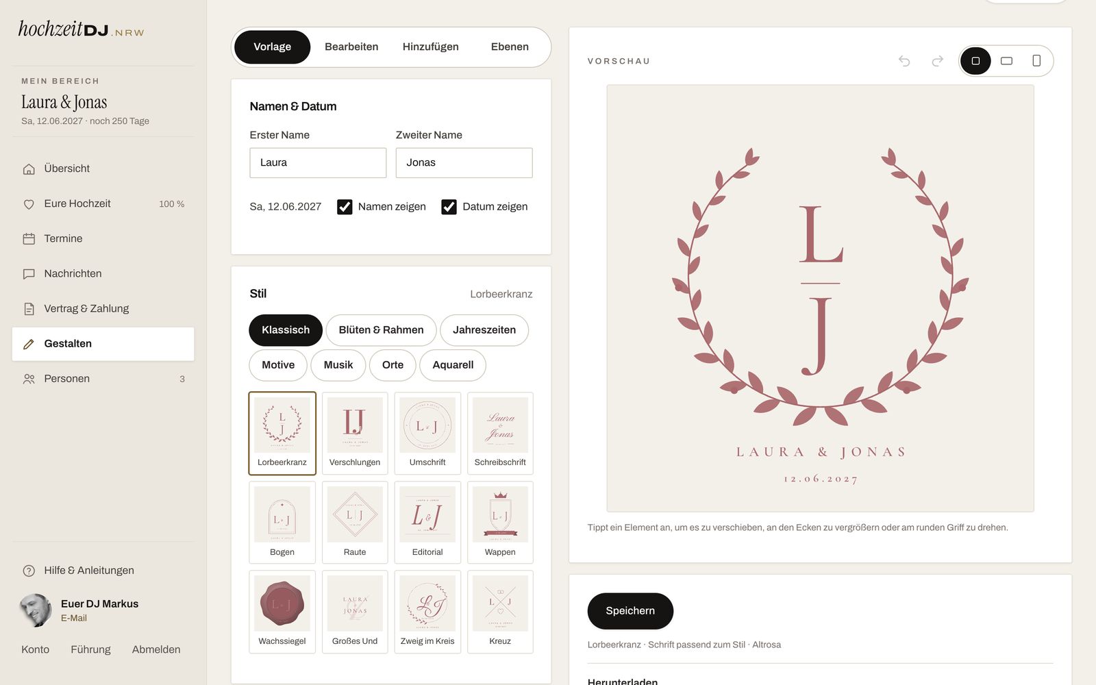 Monogramm-Editor mit Lorbeerkranz-Monogramm aus den Initialen des Paares