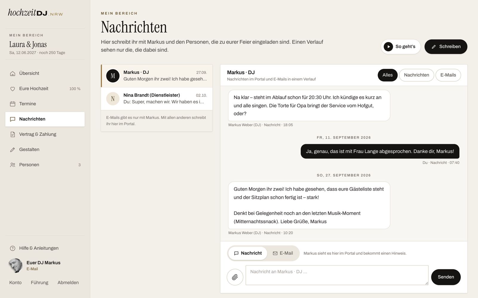 Nachrichten mit dem DJ und Dienstleistern in einem Verlauf