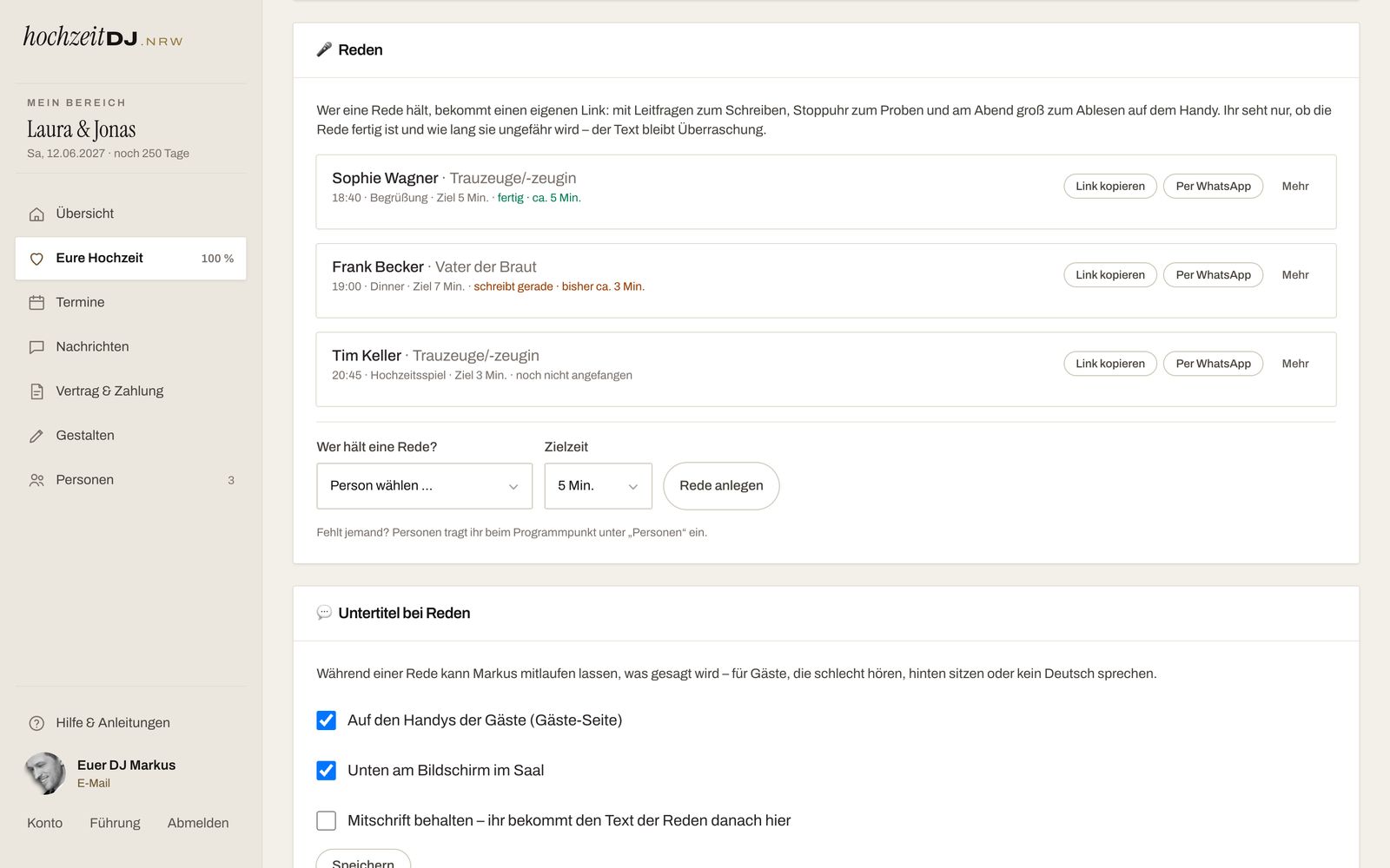 Übersicht der Reden mit Zielzeit und Stand, ohne den Redetext zu verraten