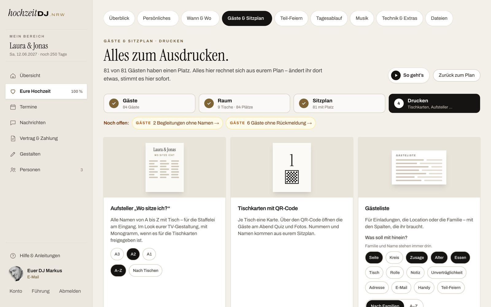 Druckvorlagen aus dem Sitzplan: Aufsteller, Tischkarten und Gästeliste