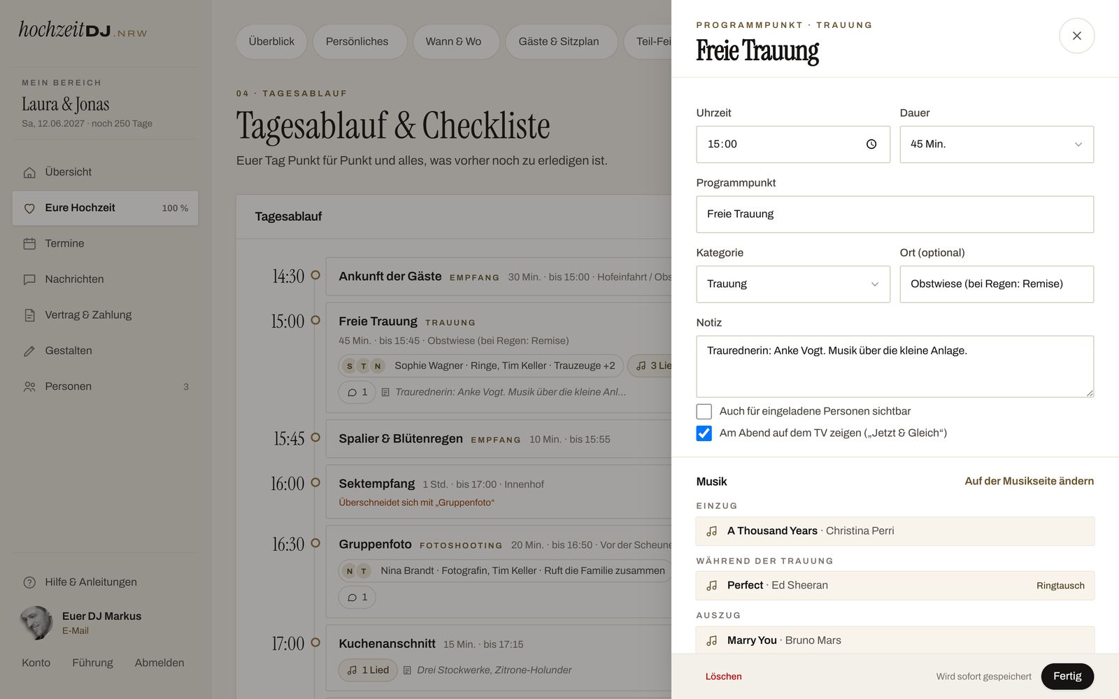 Tagesablauf mit geöffnetem Programmpunkt Freie Trauung und seinen Details