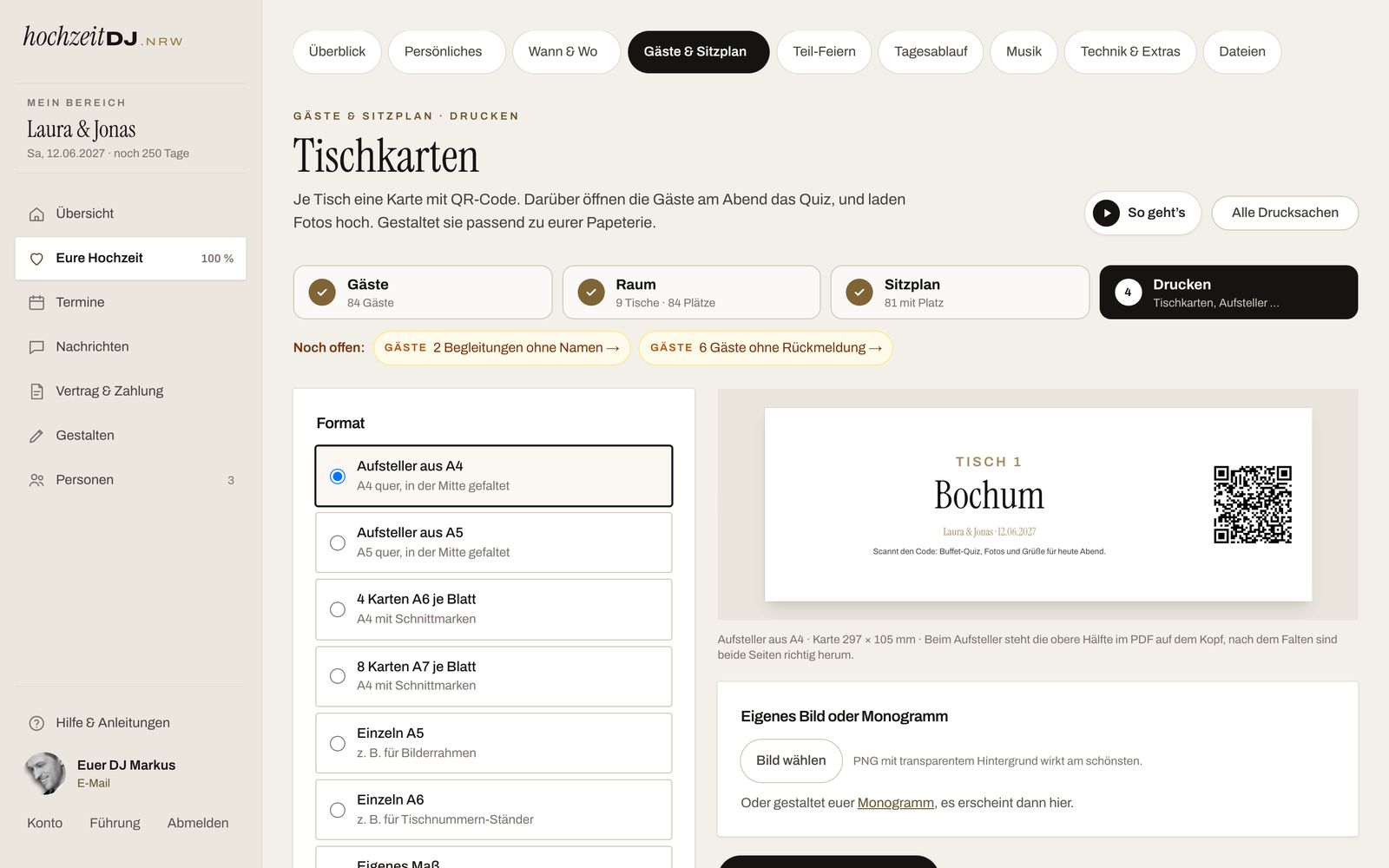 Tischkarten gestalten: Format wählen, Vorschau mit Tischname und QR-Code