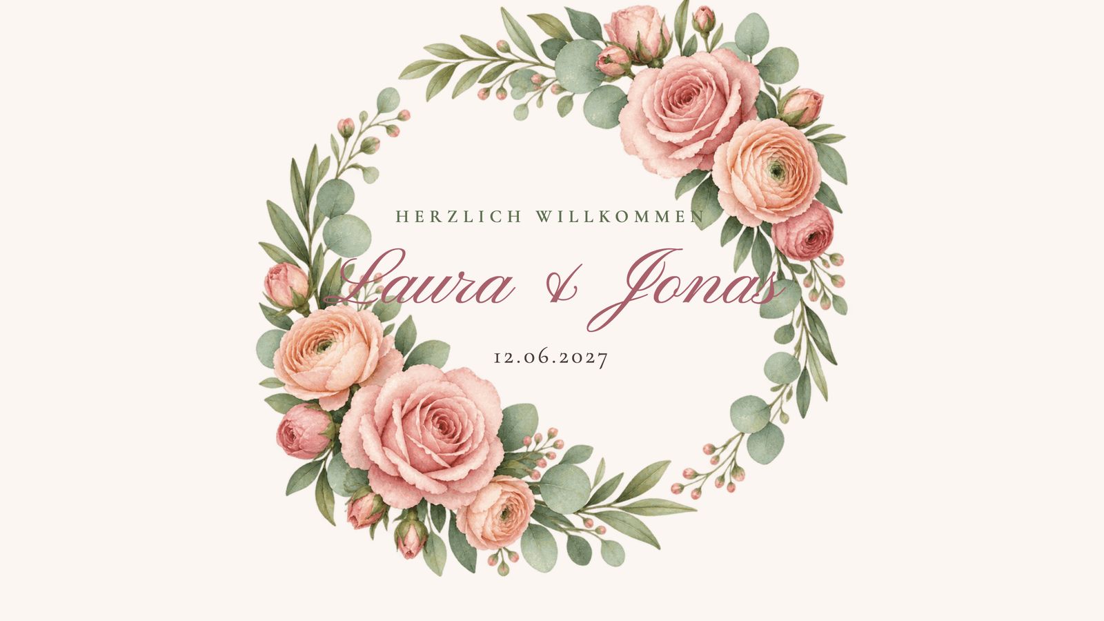 Begrüßung am TV im Design Aquarell Rosé mit Blumenkranz, Namen und Datum