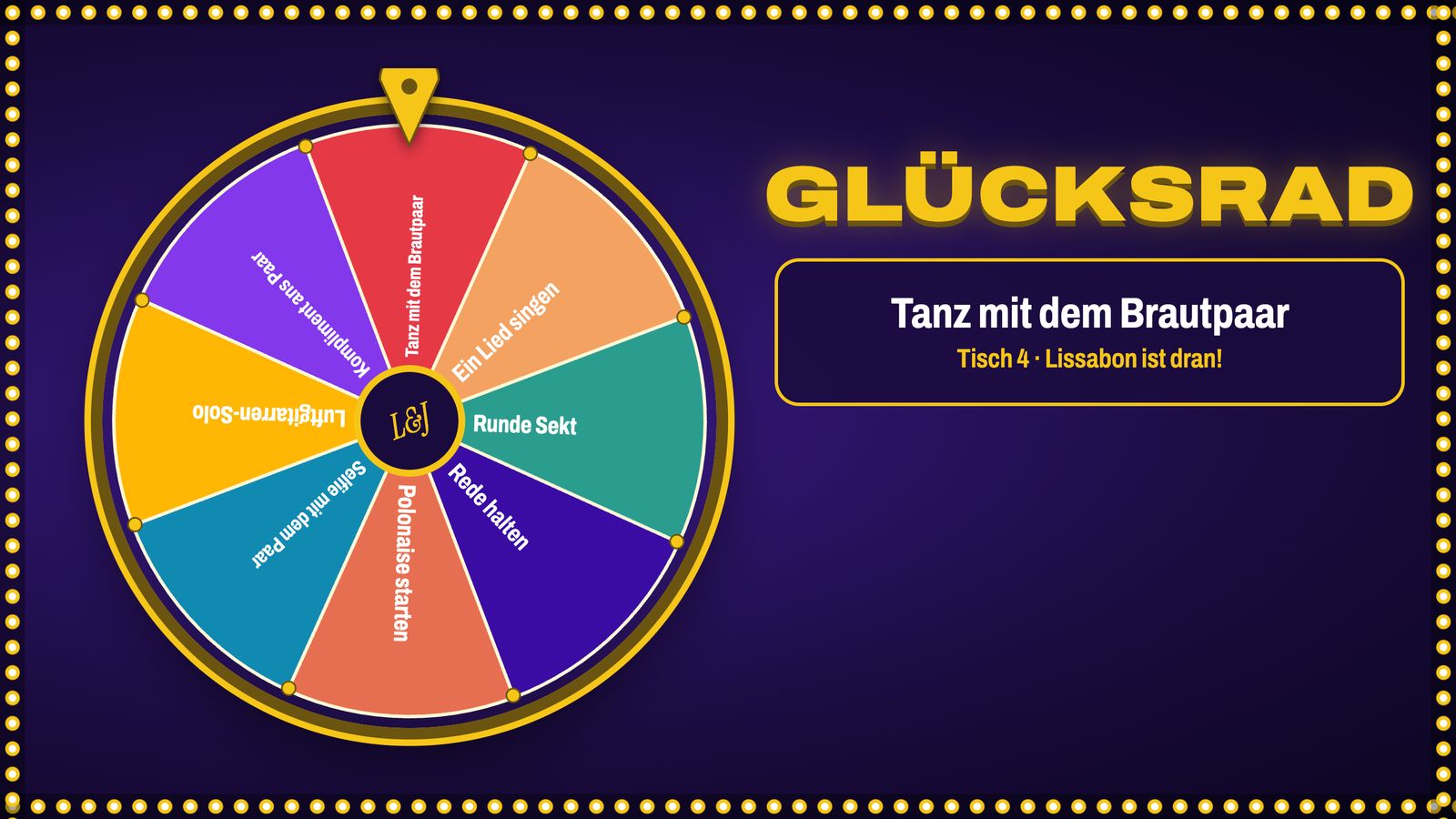 Glücksrad am TV mit acht bunten Feldern und Ergebnis „Tanz mit dem Brautpaar“