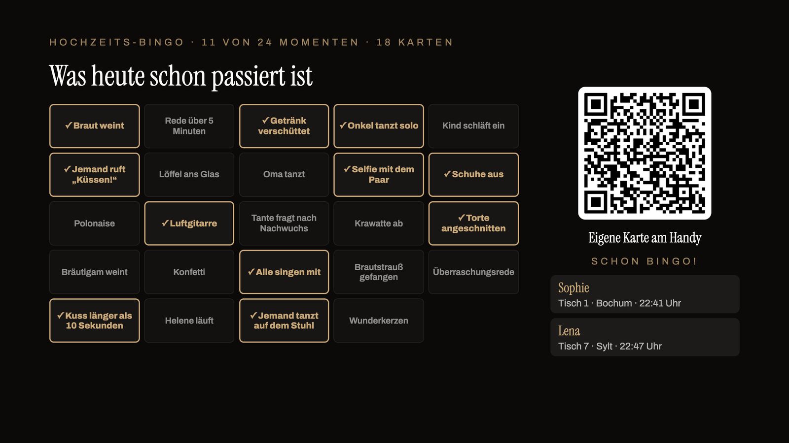 Hochzeits-Bingo am TV mit abgehakten Momenten, QR-Code und Liste „Schon Bingo!“