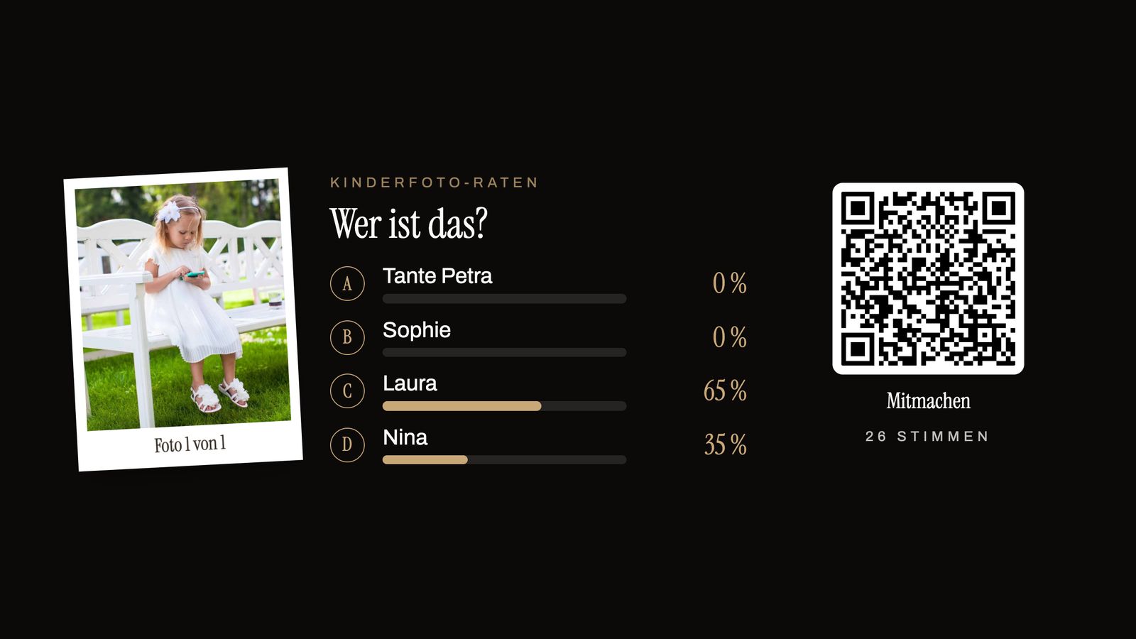Kinderfoto-Raten am TV mit Kinderfoto, vier Namen, Prozent-Balken und QR-Code