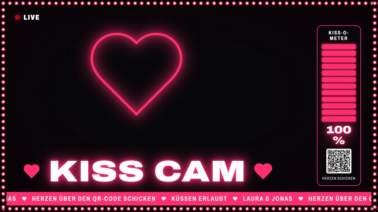 Kiss Cam am TV im Stadion-Look mit Neon-Herz und Kiss-O-Meter