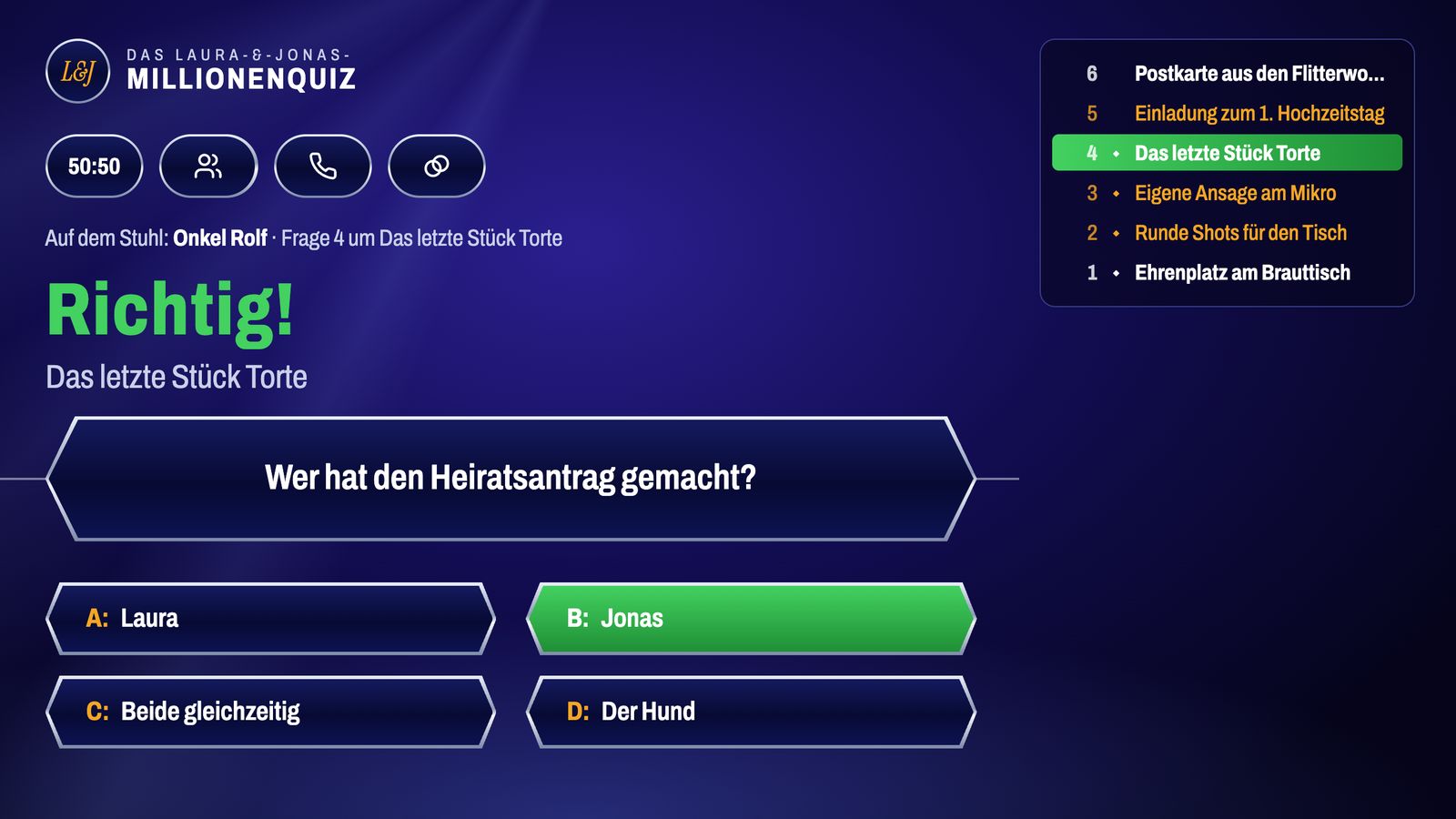 Millionenquiz nach der Auflösung mit grün markierter richtiger Antwort