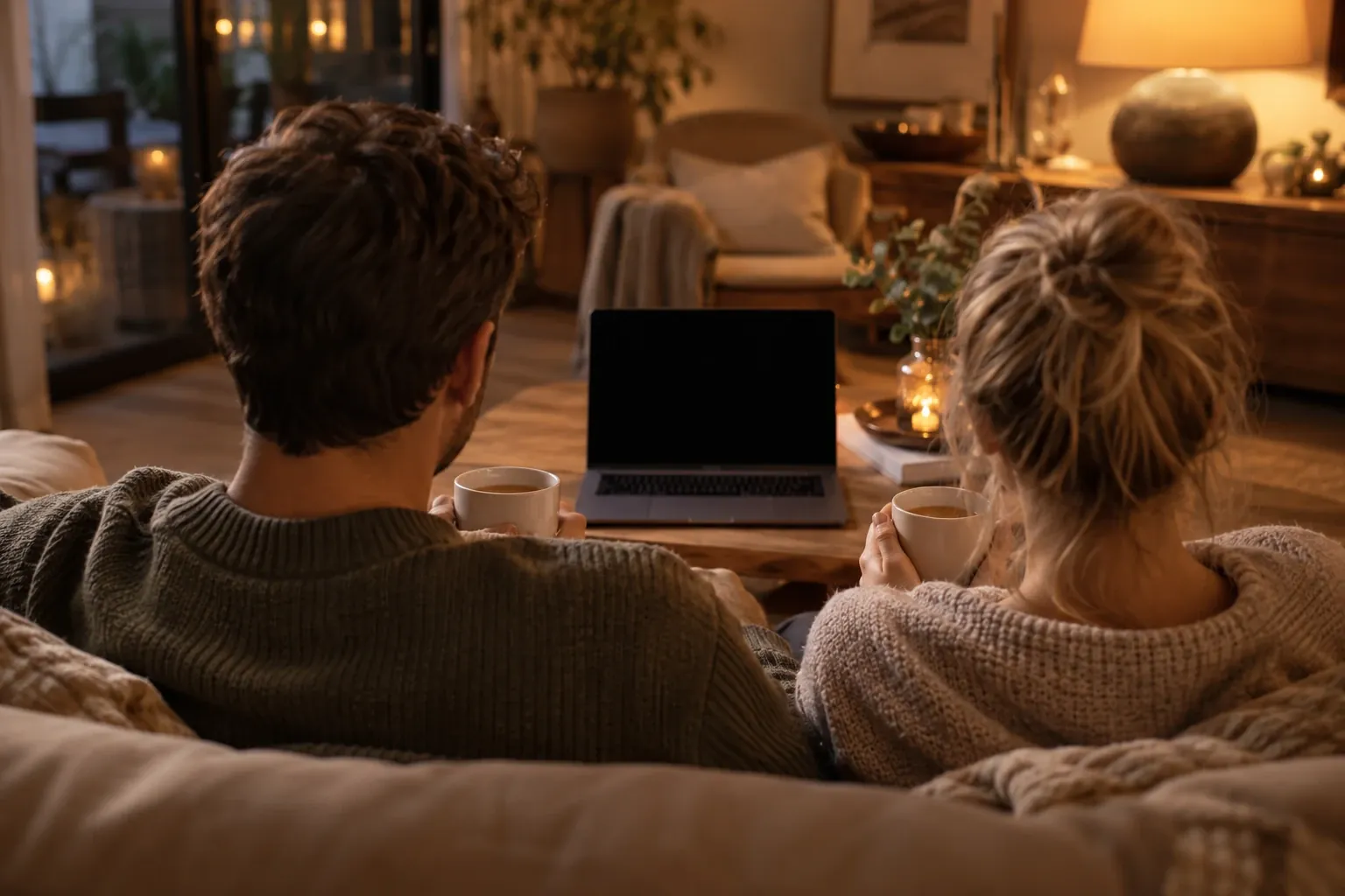 Brautpaar plant gemeinsam am Laptop auf dem Sofa