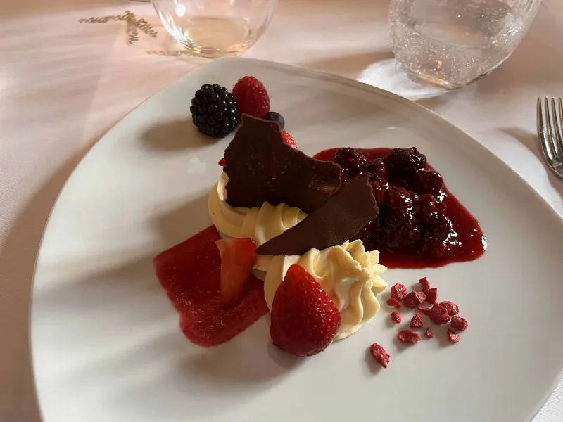 Dessert auf weißem Teller mit Sahnetupfen, Schokoladenstücken, Erdbeere, Beeren und gefriergetrockneten Himbeeren
