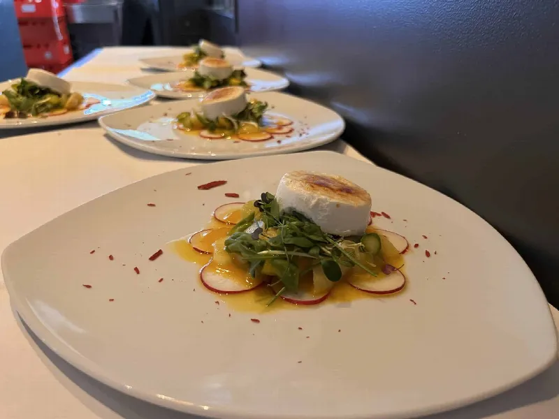 Vier Teller mit Vorspeise: überbackener Frischkäse auf Rettichscheiben, Kräutersalat und Sauce
